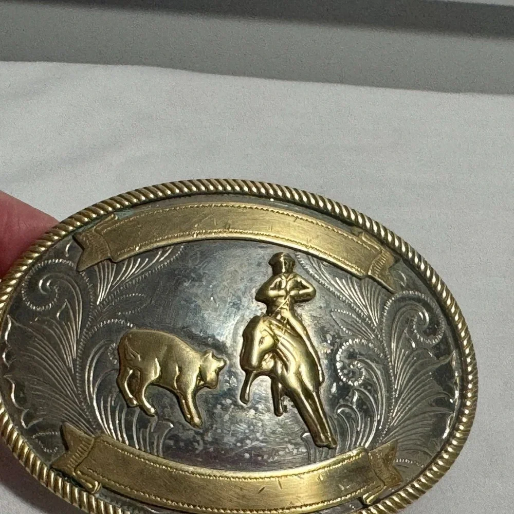Vintage German Silver Cutting Horse working Steer Belt Buckle‎ No Engraving